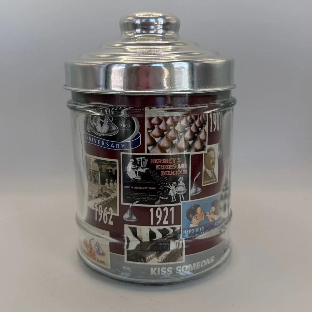 VTG Hershey Kisses Silver Anniversary Jar, 1907-2007, 6”x4”, Filled w Kisses! 😘